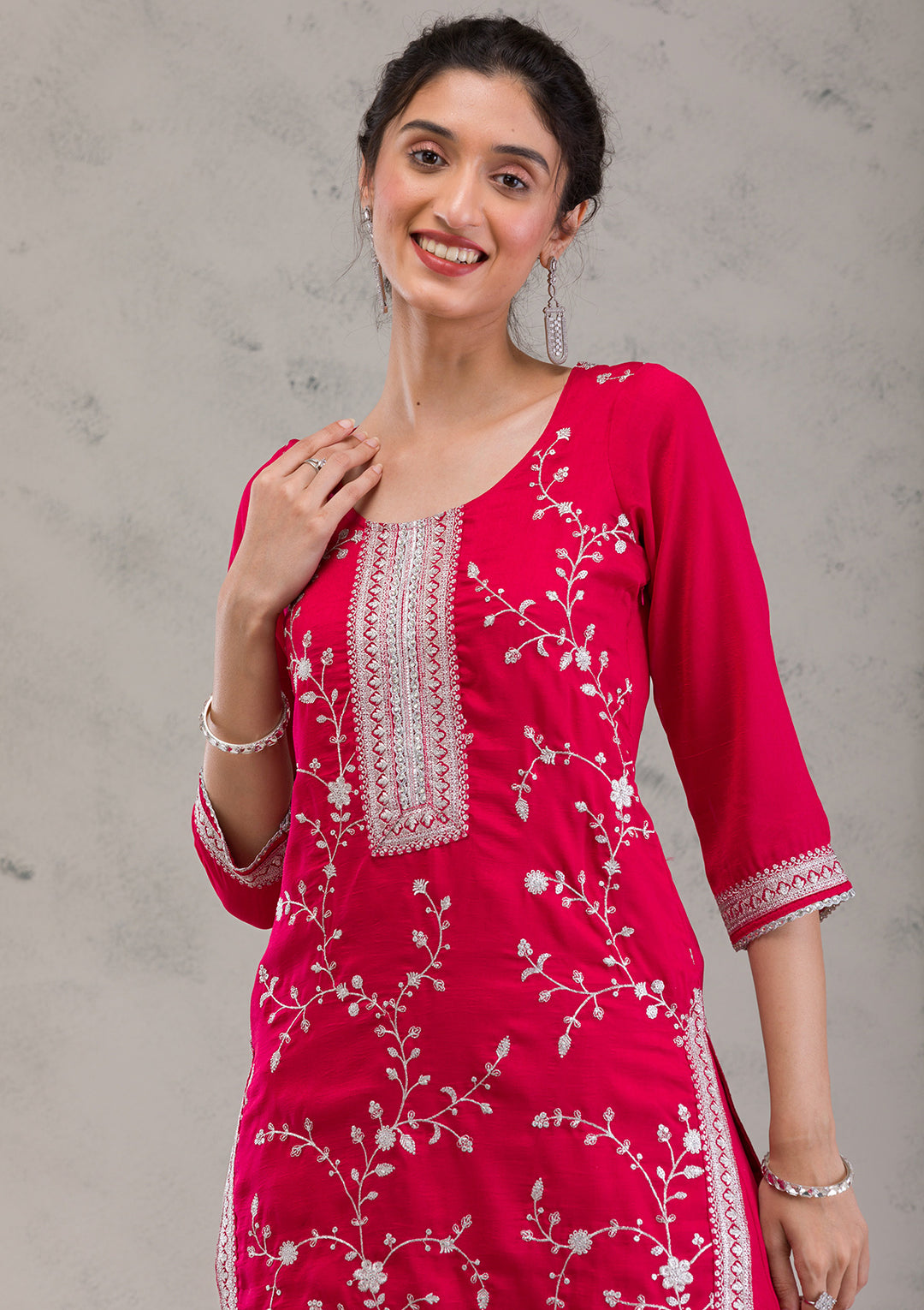 Red Threadwork Raw Silk Readymade Salwar Kameez