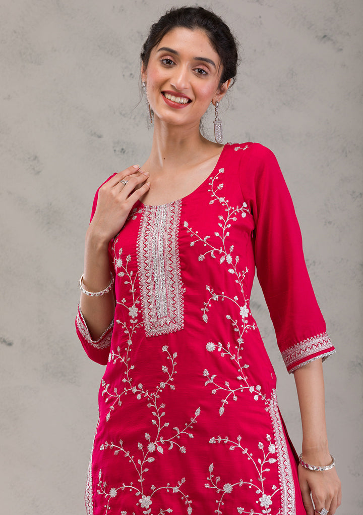 Red Threadwork Raw Silk Readymade Salwar Kameez