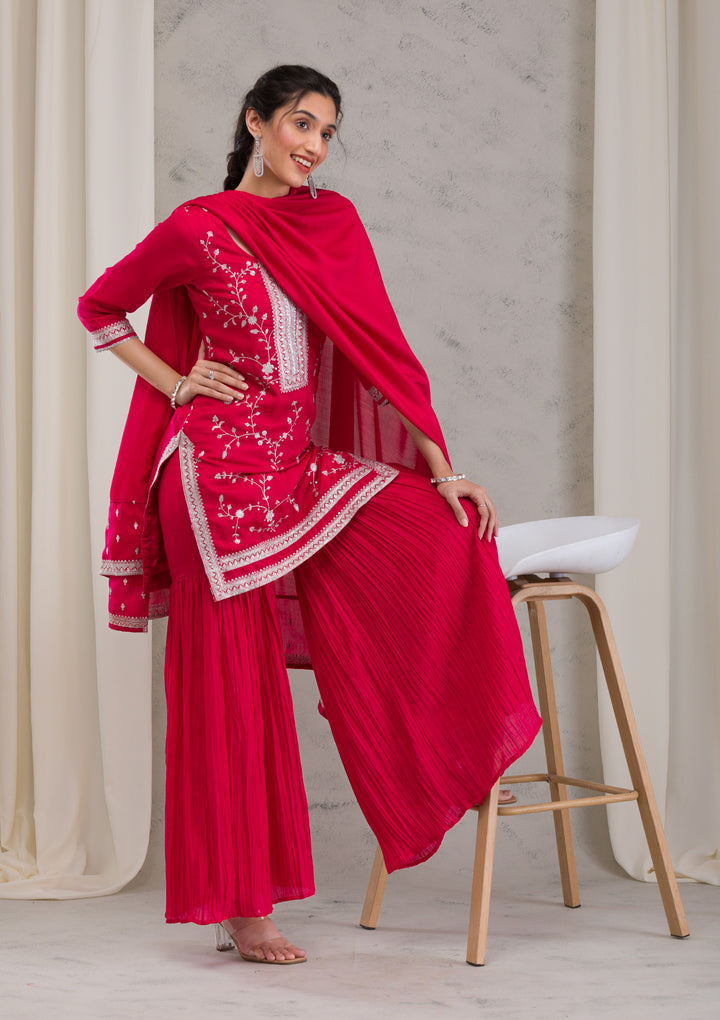 Red Threadwork Raw Silk Readymade Salwar Kameez