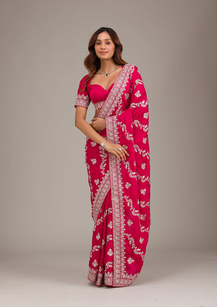 Rani Pink Threadwork Satin Saree-Koskii