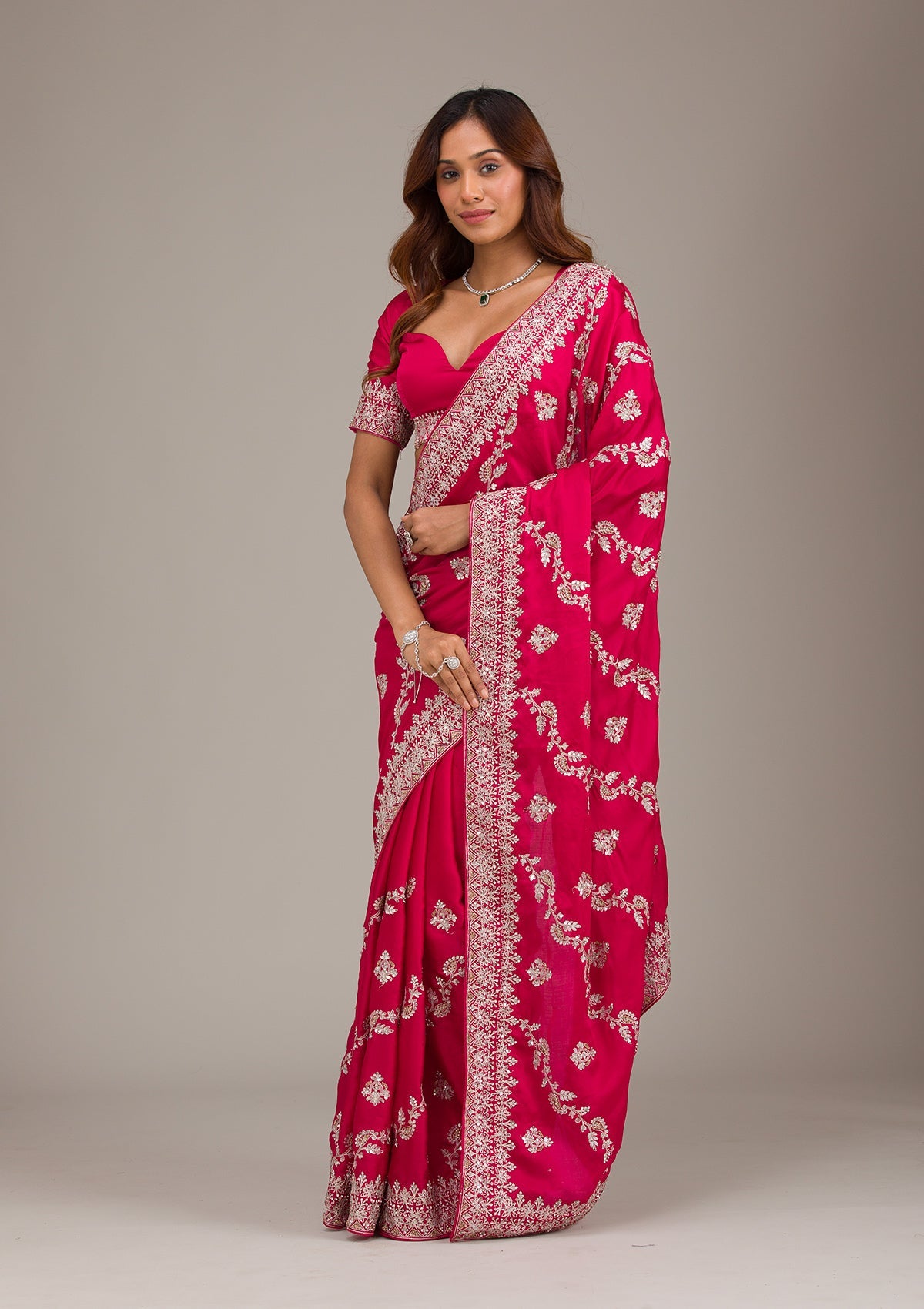 Rani Pink Threadwork Satin Saree-Koskii