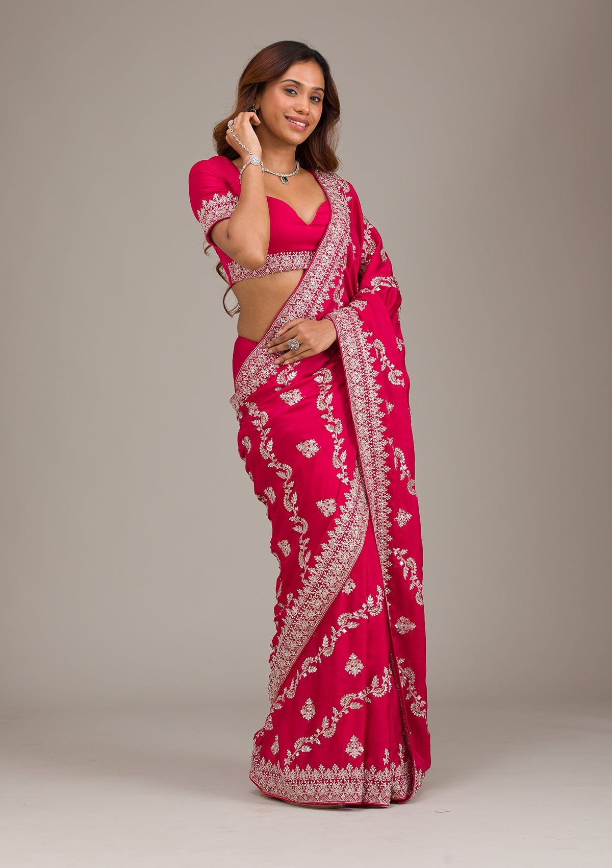 Rani Pink Threadwork Satin Saree-Koskii