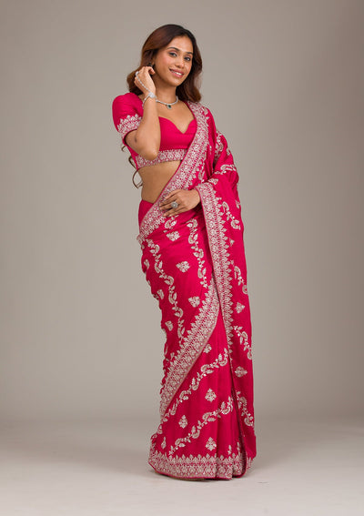 Rani Pink Threadwork Satin Saree-Koskii