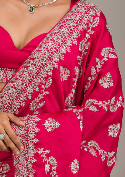 Rani Pink Threadwork Satin Saree-Koskii