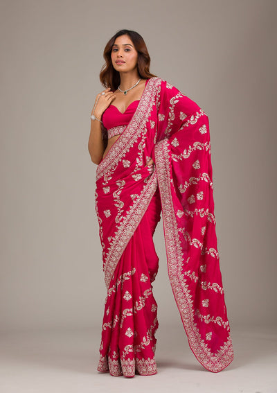 Rani Pink Threadwork Satin Saree-Koskii