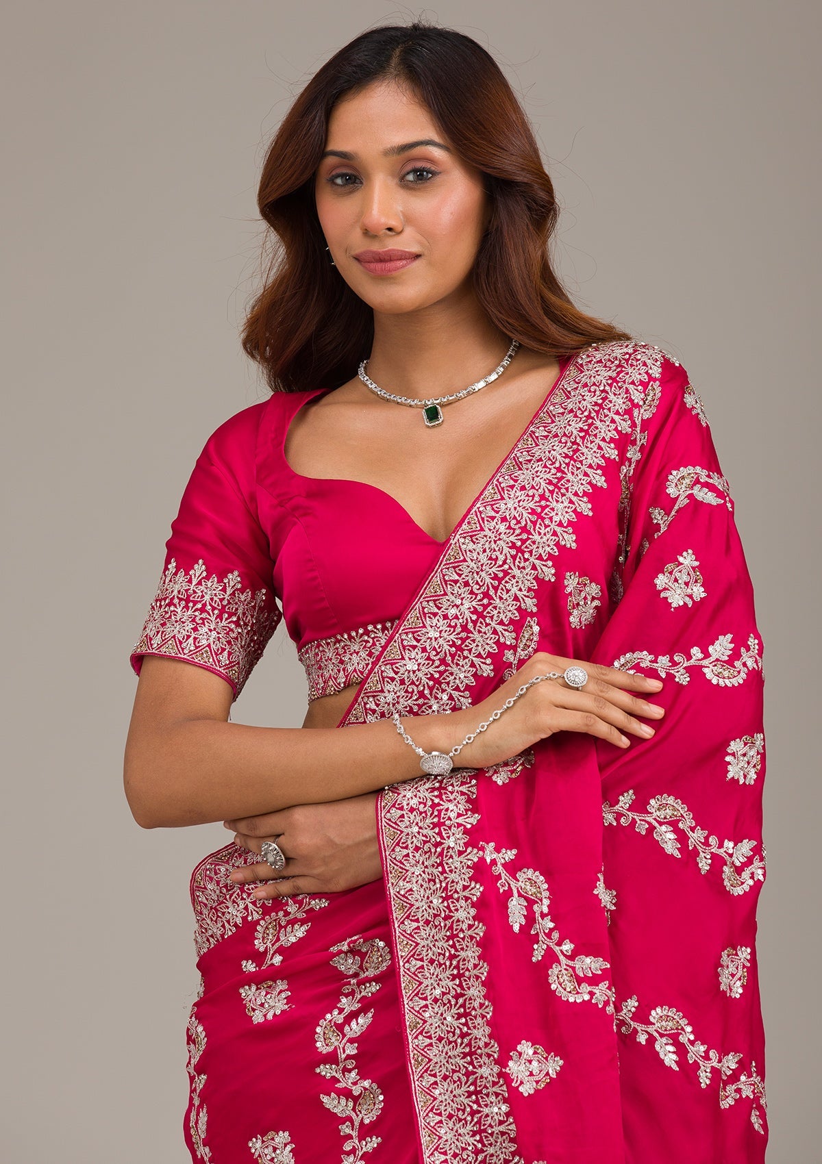 Rani Pink Threadwork Satin Saree-Koskii