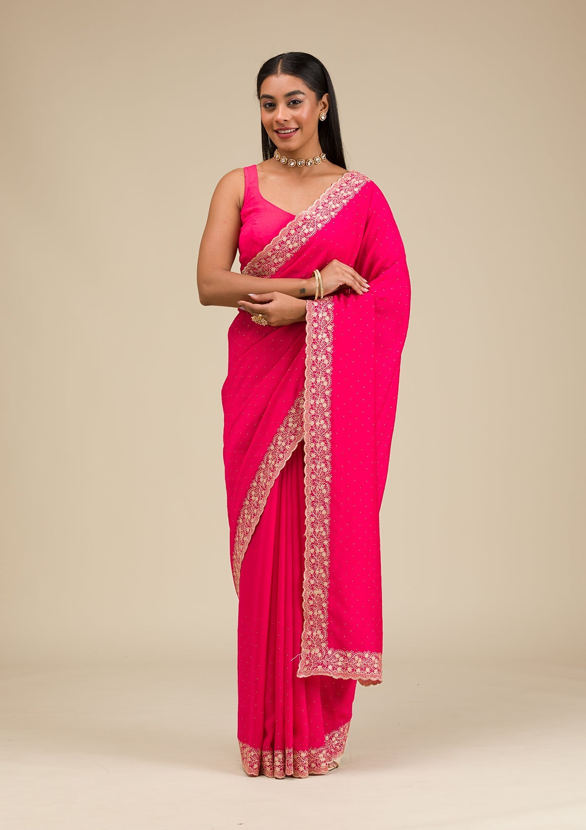 Rani Pink Threadwork Soft Slik Saree-Koskii