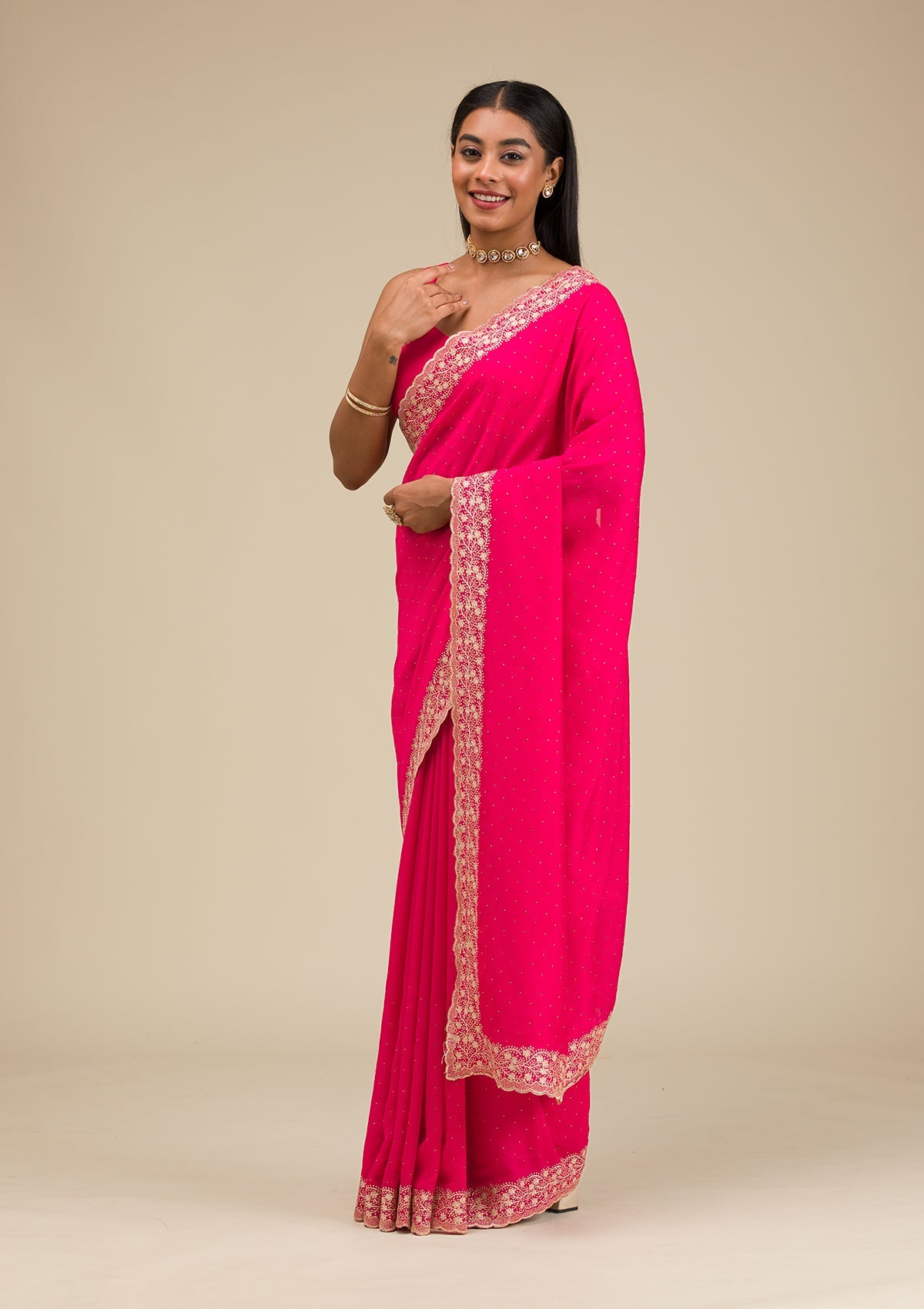 Rani Pink Threadwork Soft Slik Saree-Koskii