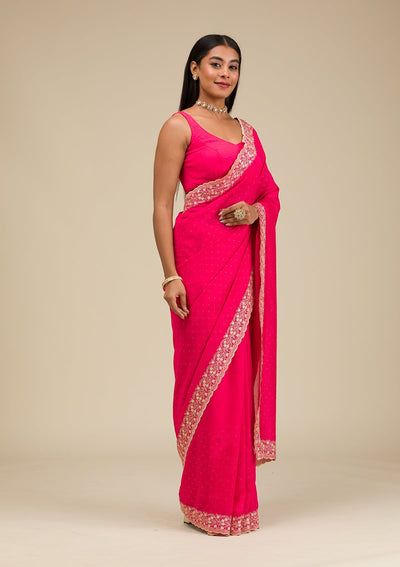 Rani Pink Threadwork Soft Slik Saree-Koskii