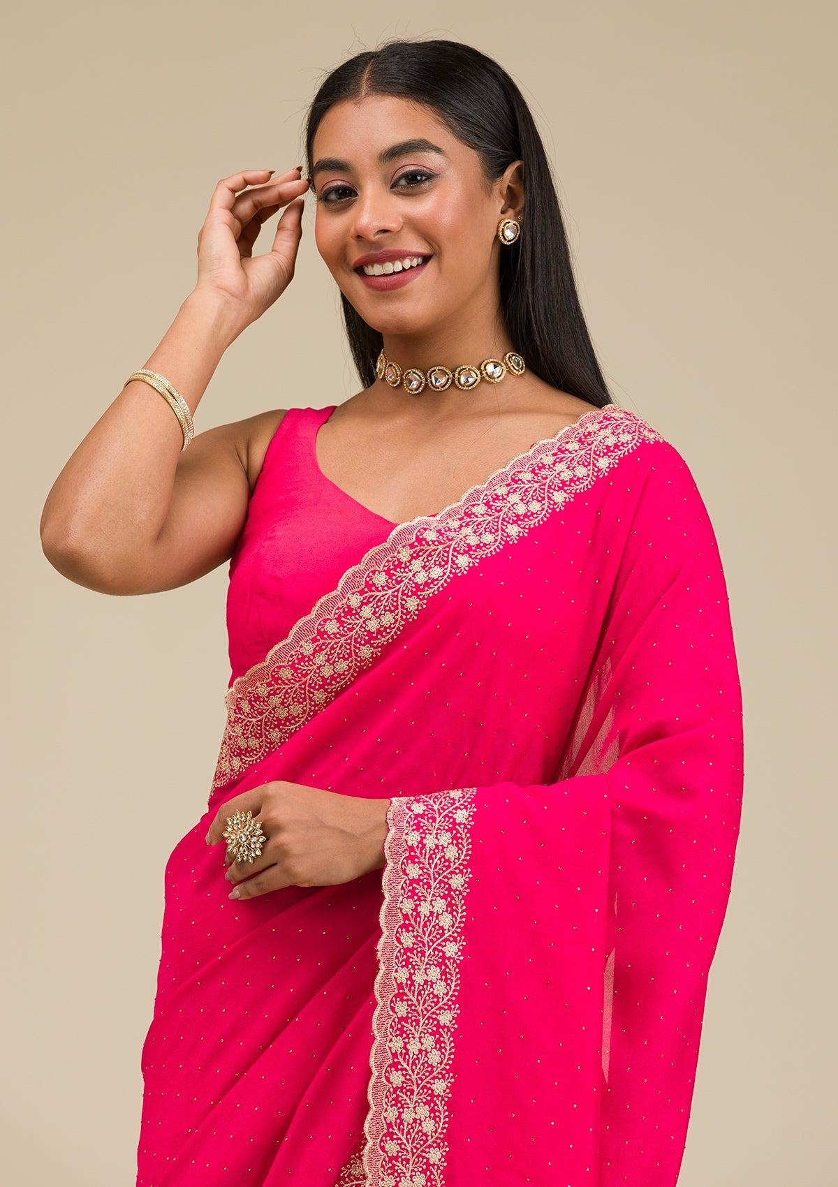 Rani Pink Threadwork Soft Slik Saree-Koskii