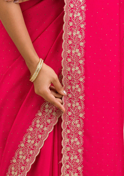 Rani Pink Threadwork Soft Slik Saree-Koskii