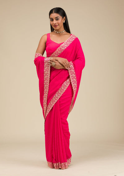 Rani Pink Threadwork Soft Slik Saree-Koskii