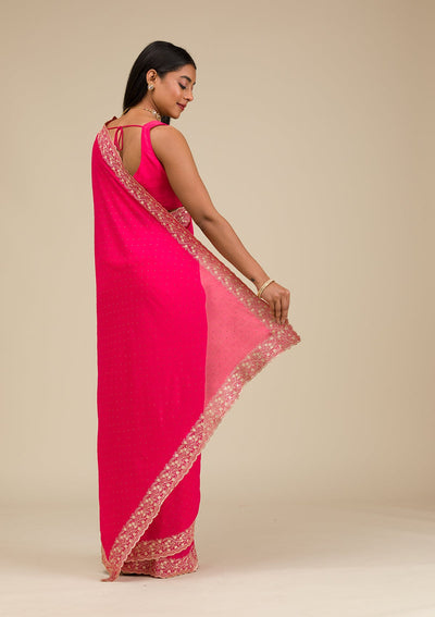 Rani Pink Threadwork Soft Slik Saree-Koskii