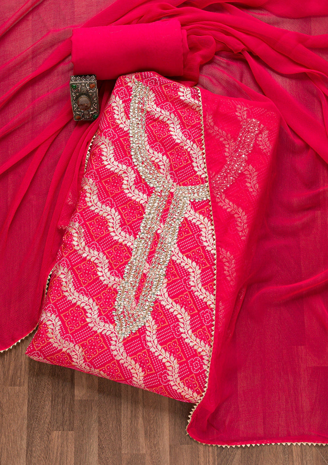 Rani Pink Zardosi Bandhini Unstitched Salwar Suit-Koskii