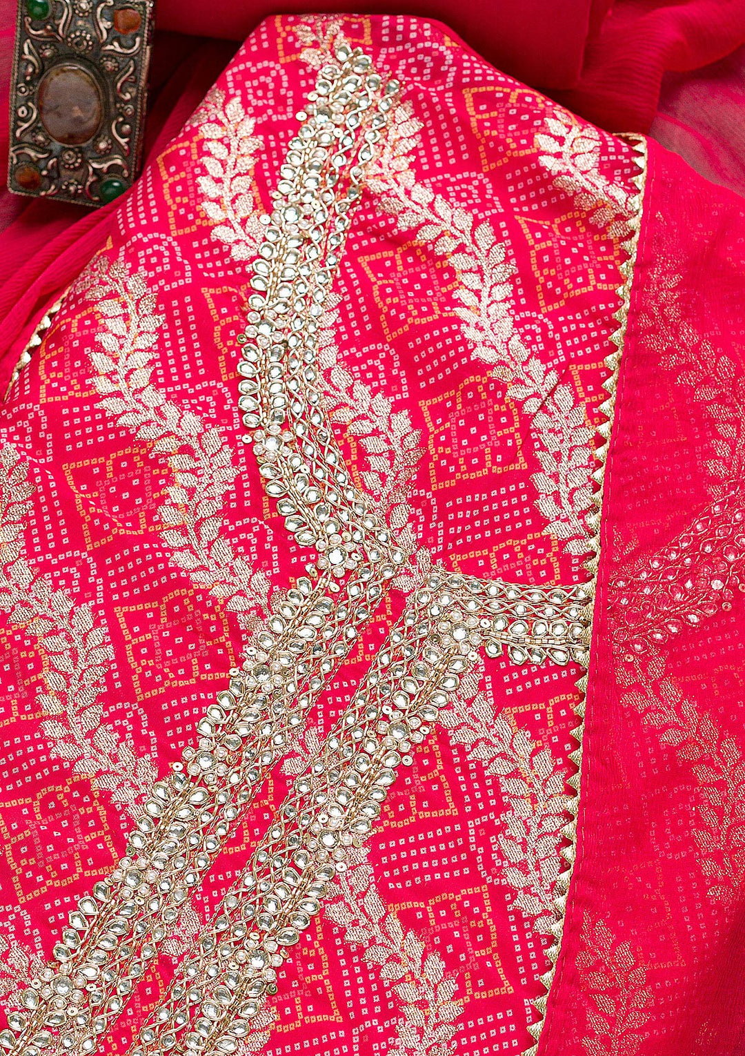 Rani Pink Zardosi Bandhini Unstitched Salwar Suit-Koskii
