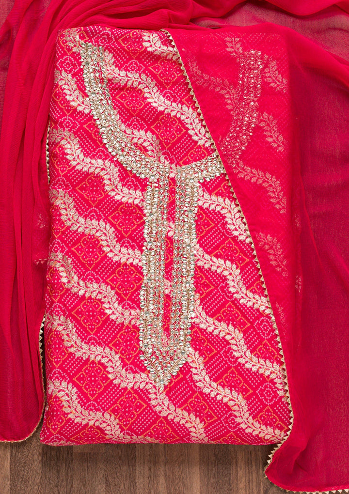 Rani Pink Zardosi Bandhini Unstitched Salwar Suit-Koskii