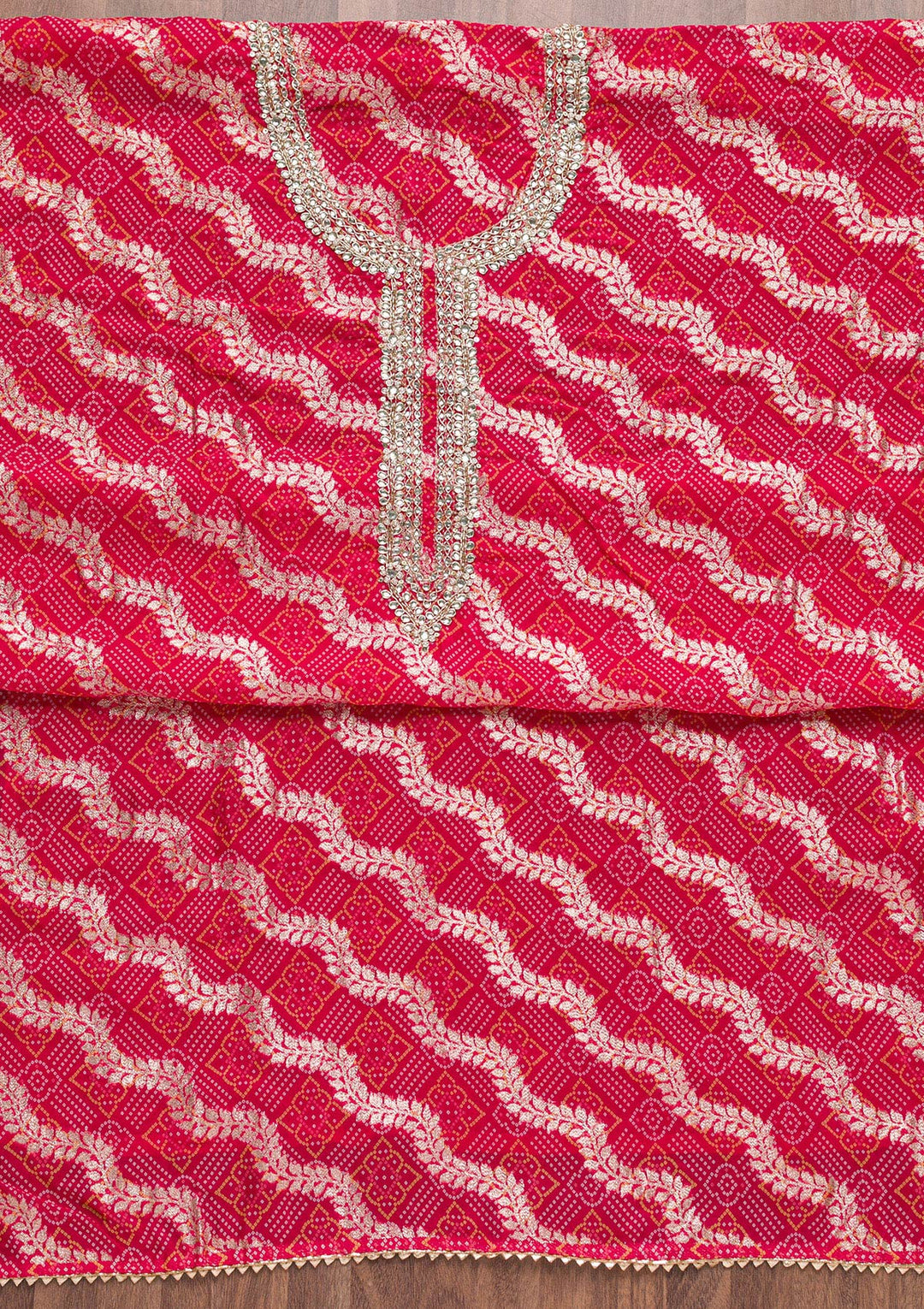 Rani Pink Zardosi Bandhini Unstitched Salwar Suit-Koskii