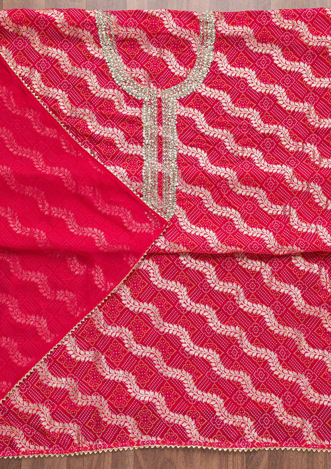 Rani Pink Zardosi Bandhini Unstitched Salwar Suit-Koskii