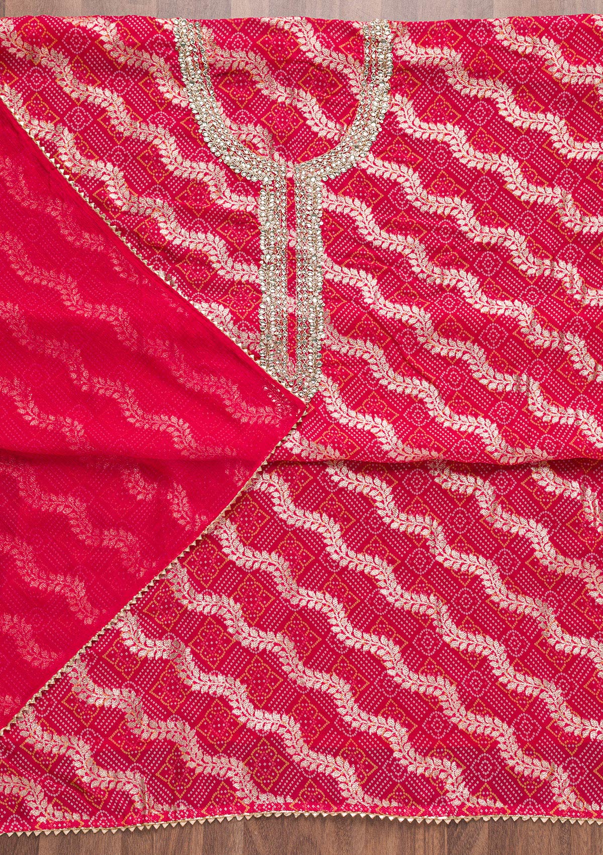Rani Pink Zardosi Bandhini Unstitched Salwar Suit-Koskii