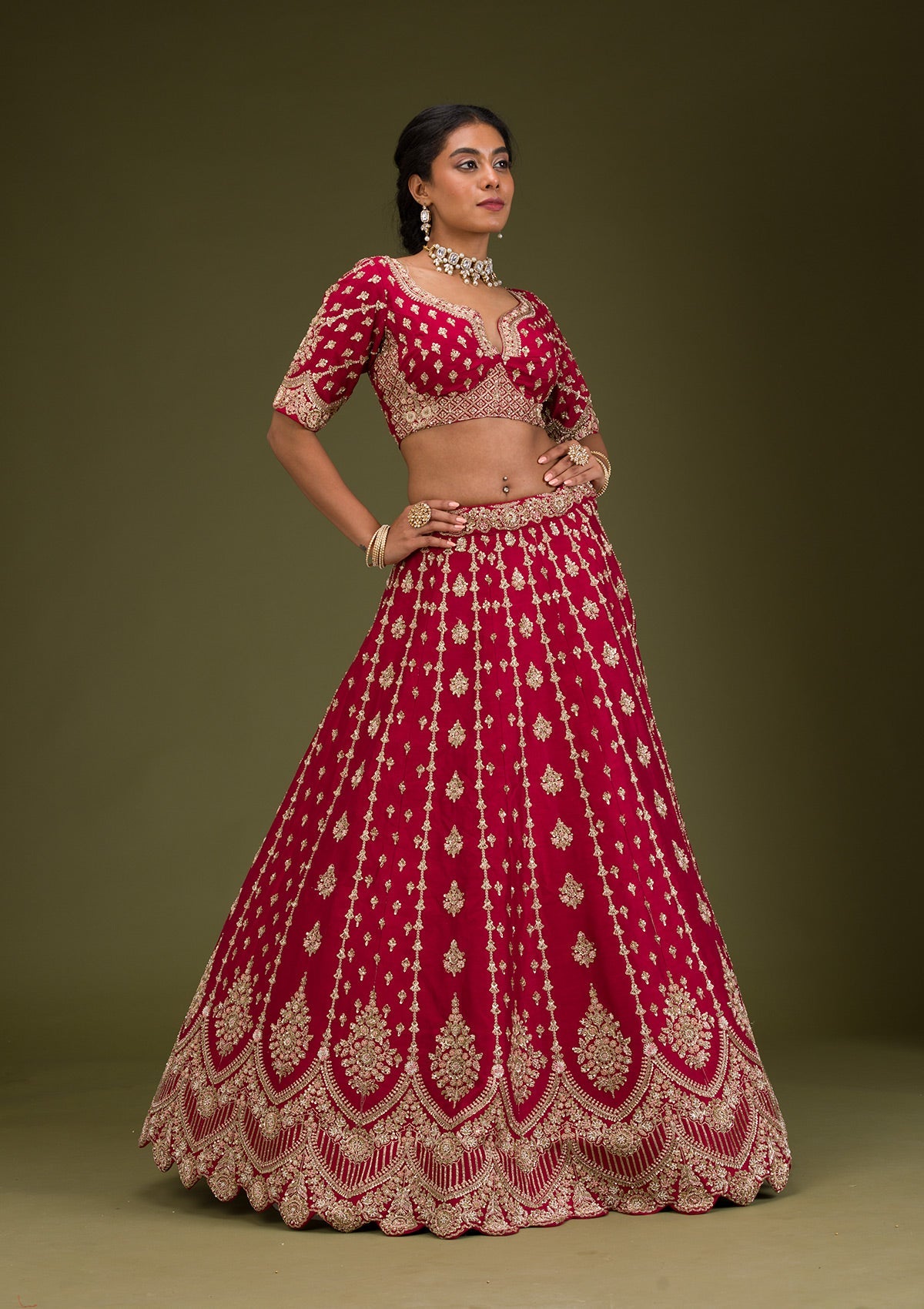 Rani Pink Zardosi Raw Silk Readymade Lehenga-Koskii