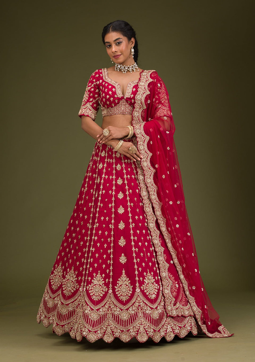 Rani Pink Zardosi Raw Silk Readymade Lehenga-Koskii