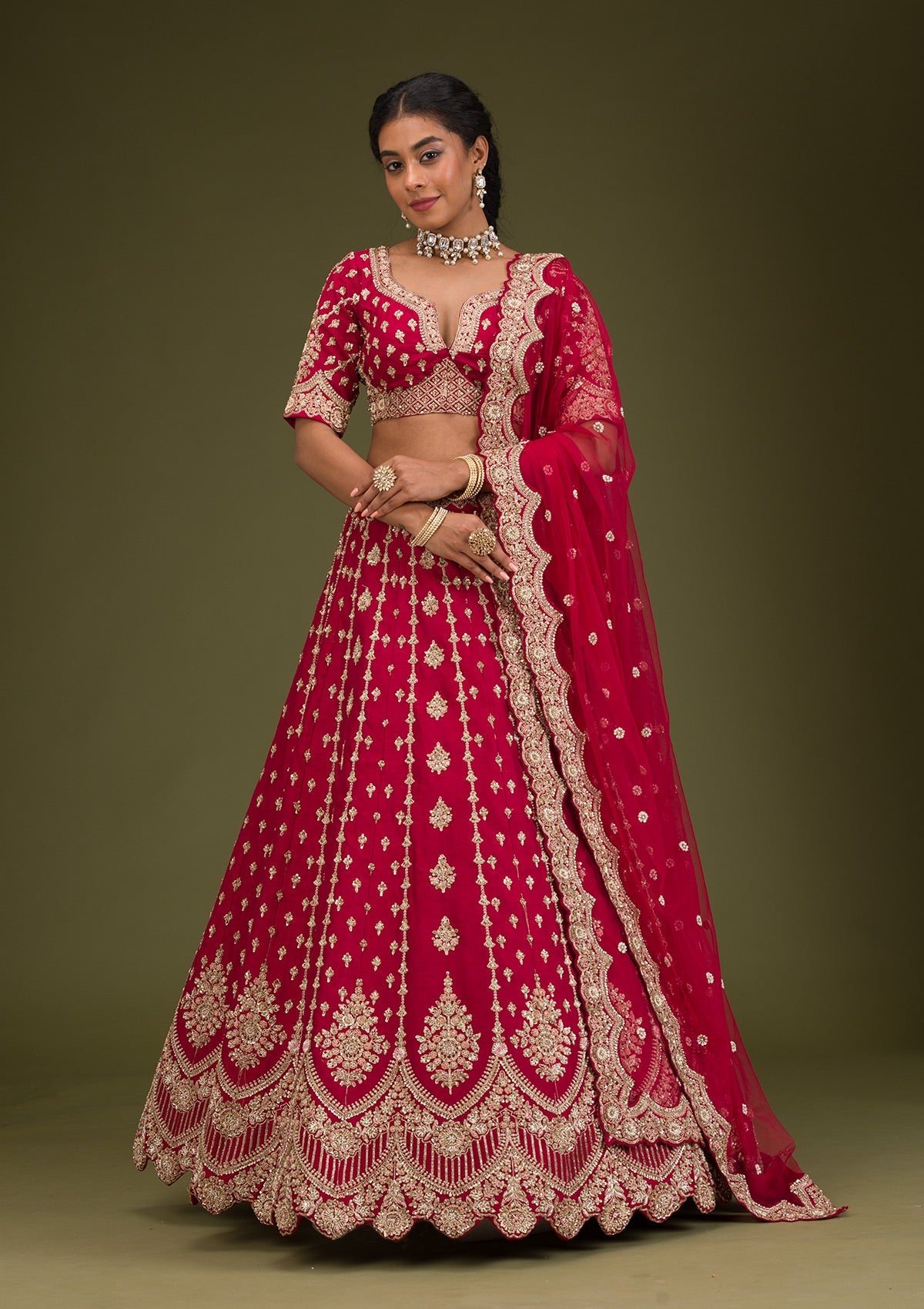 Rani Pink Zardosi Raw Silk Readymade Lehenga-Koskii