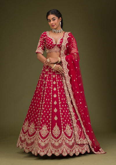 Rani Pink Zardosi Raw Silk Readymade Lehenga-Koskii