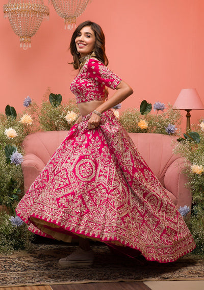 Rani Pink Zardosi Raw Silk Readymade Lehenga-Koskii