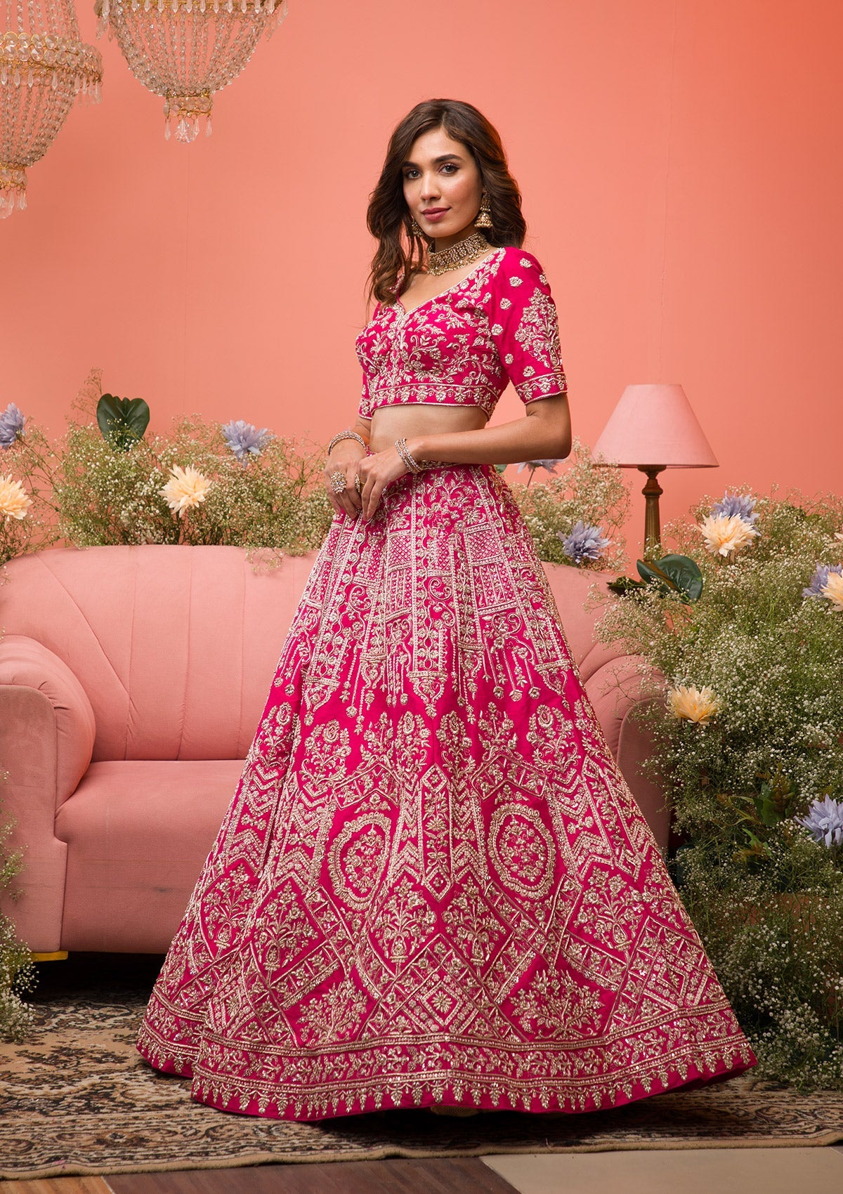 Rani Pink Zardosi Raw Silk Readymade Lehenga-Koskii