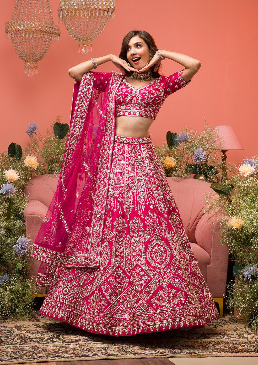 Rani Pink Zardosi Raw Silk Readymade Lehenga-Koskii