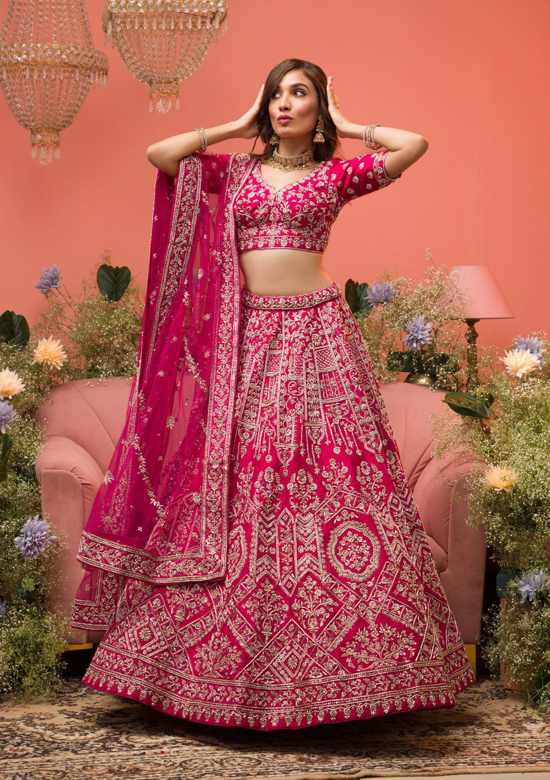 Rani Pink Zardosi Raw Silk Readymade Lehenga-Koskii