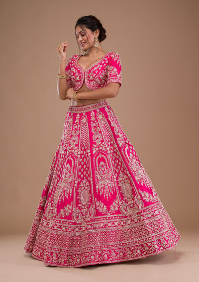 Rani Pink Zardosi Raw Silk Readymade Lehenga-Koskii