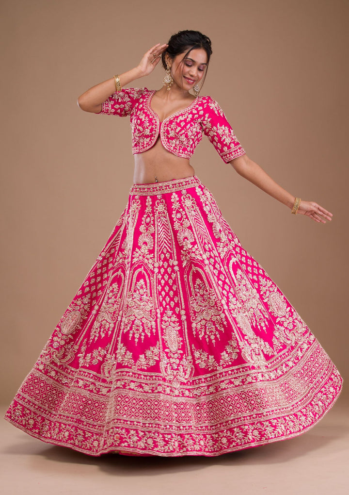 Rani Pink Zardosi Raw Silk Readymade Lehenga-Koskii