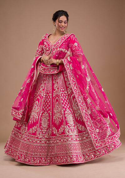 Rani Pink Zardosi Raw Silk Readymade Lehenga-Koskii