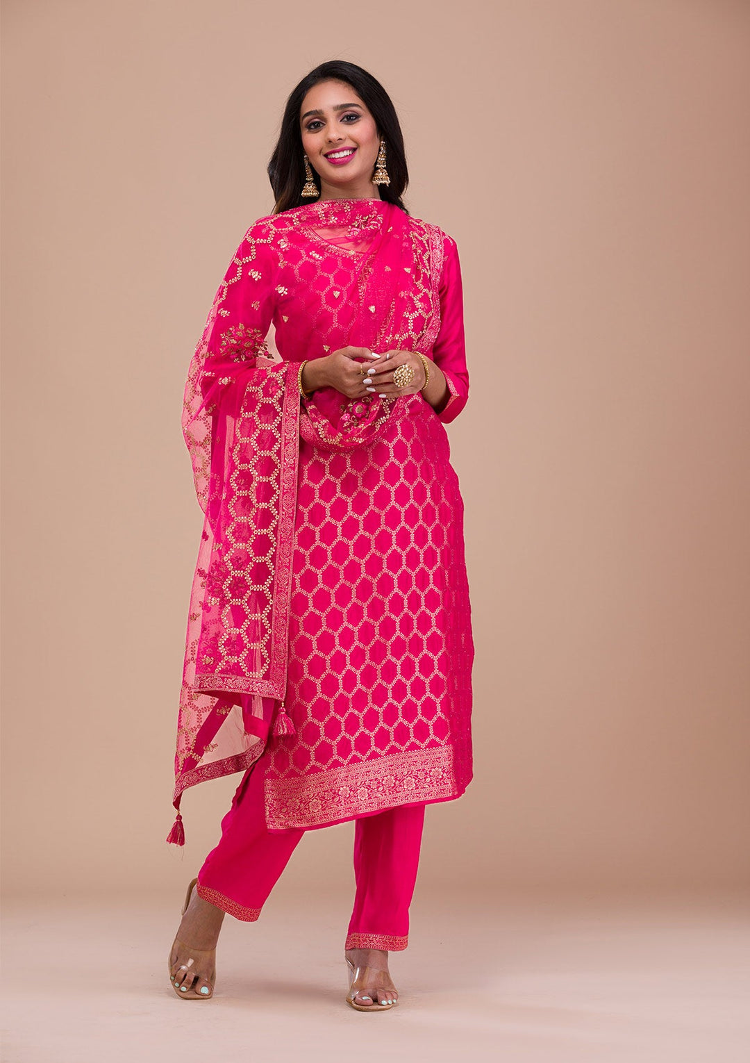 Rani Pink Zariwork Raw Silk Readymade Sharara Kameez