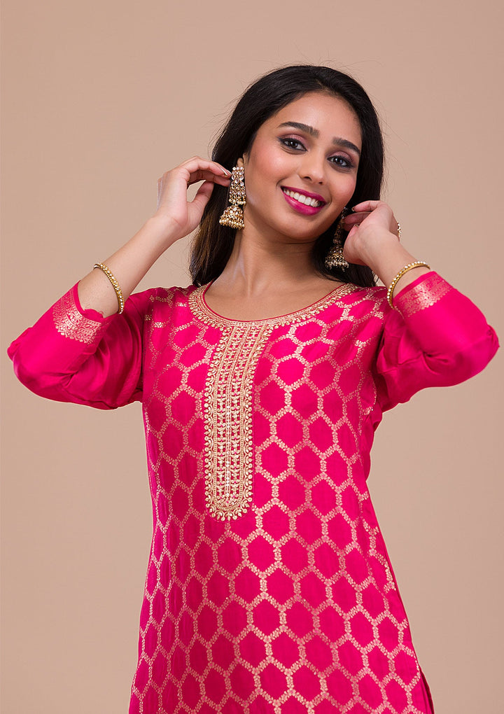 Rani Pink Zariwork Raw Silk Readymade Sharara Kameez
