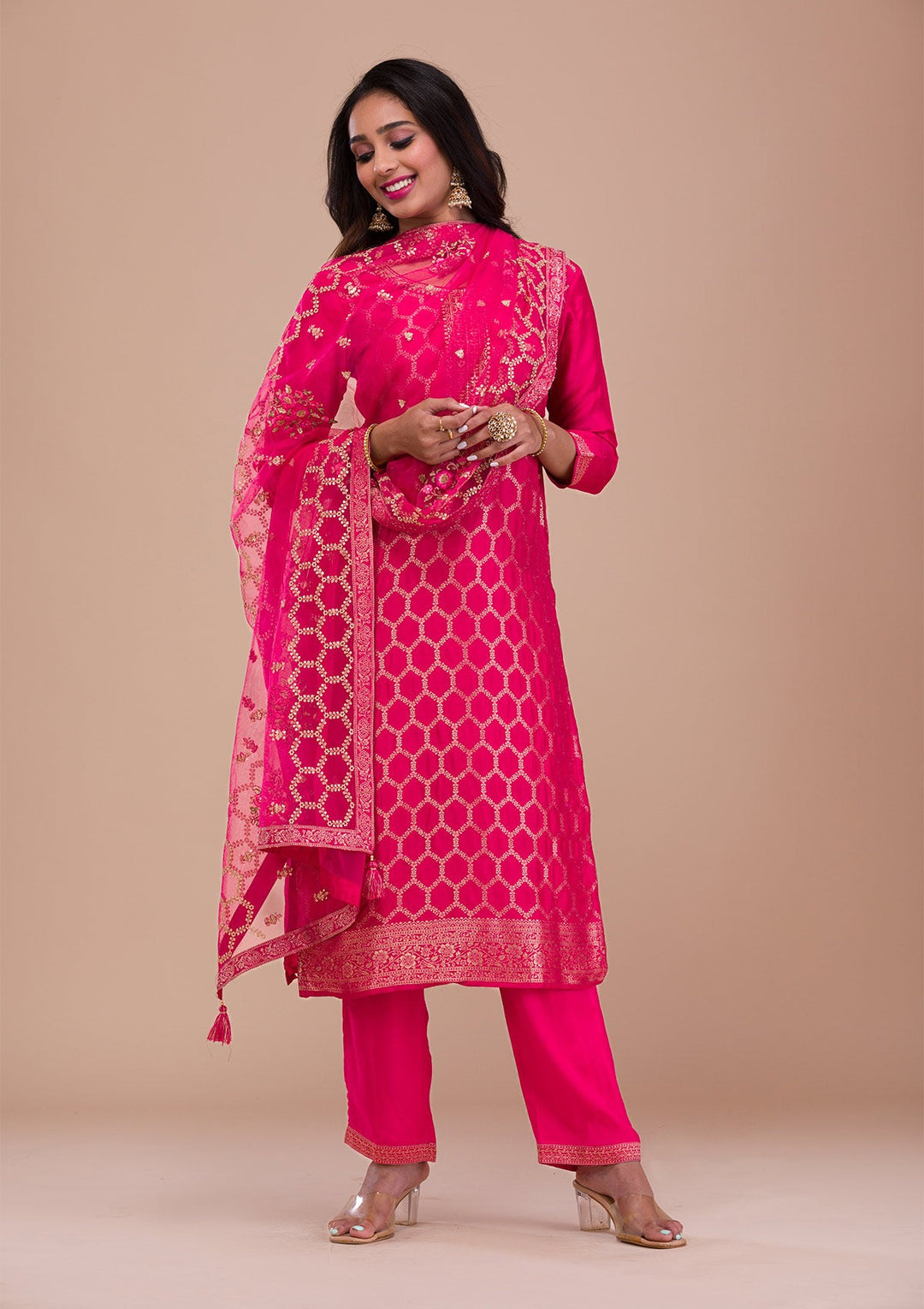 Rani Pink Zariwork Raw Silk Readymade Sharara Kameez
