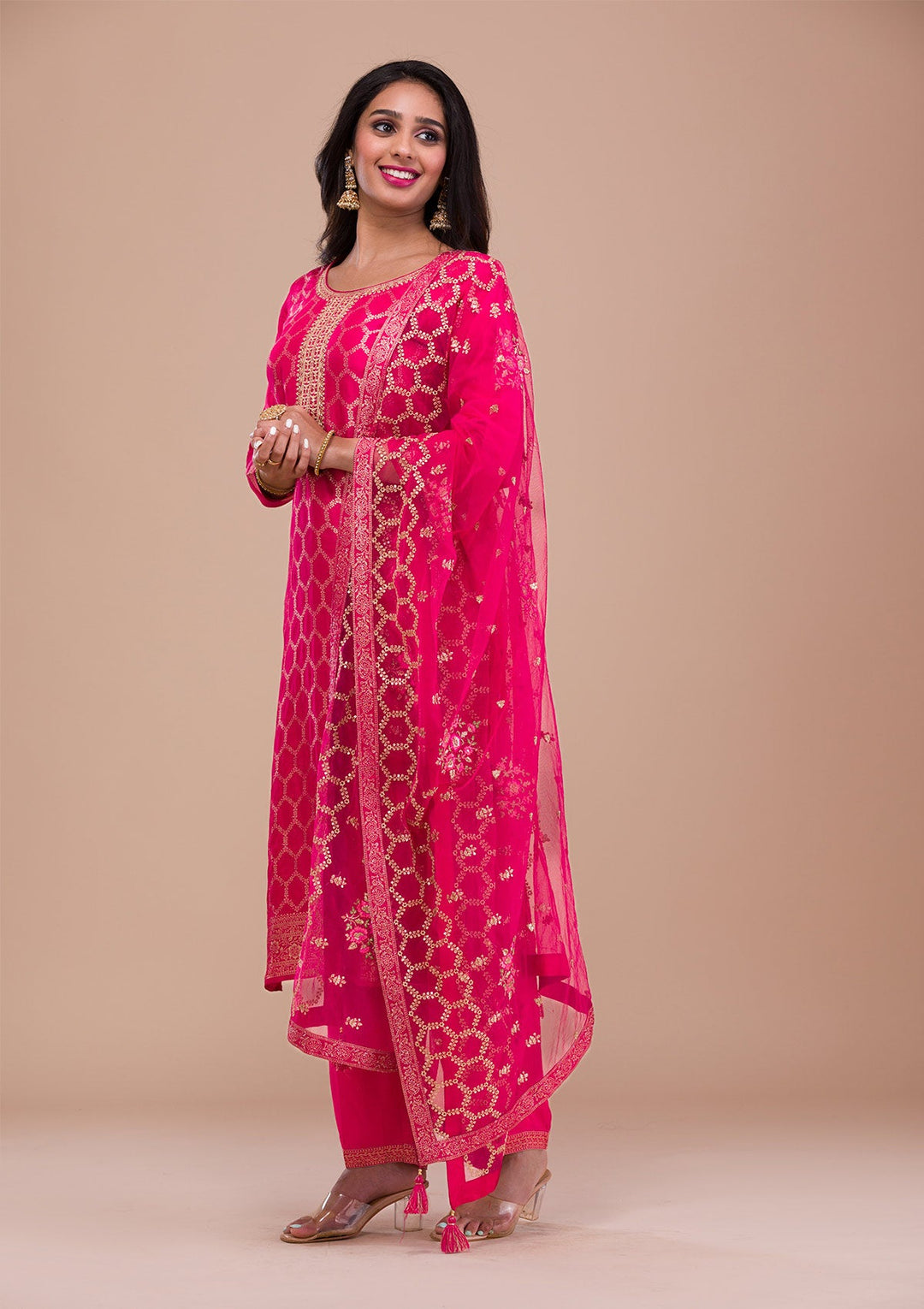 Rani Pink Zariwork Raw Silk Readymade Sharara Kameez