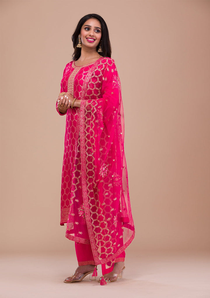 Rani Pink Zariwork Raw Silk Readymade Sharara Kameez