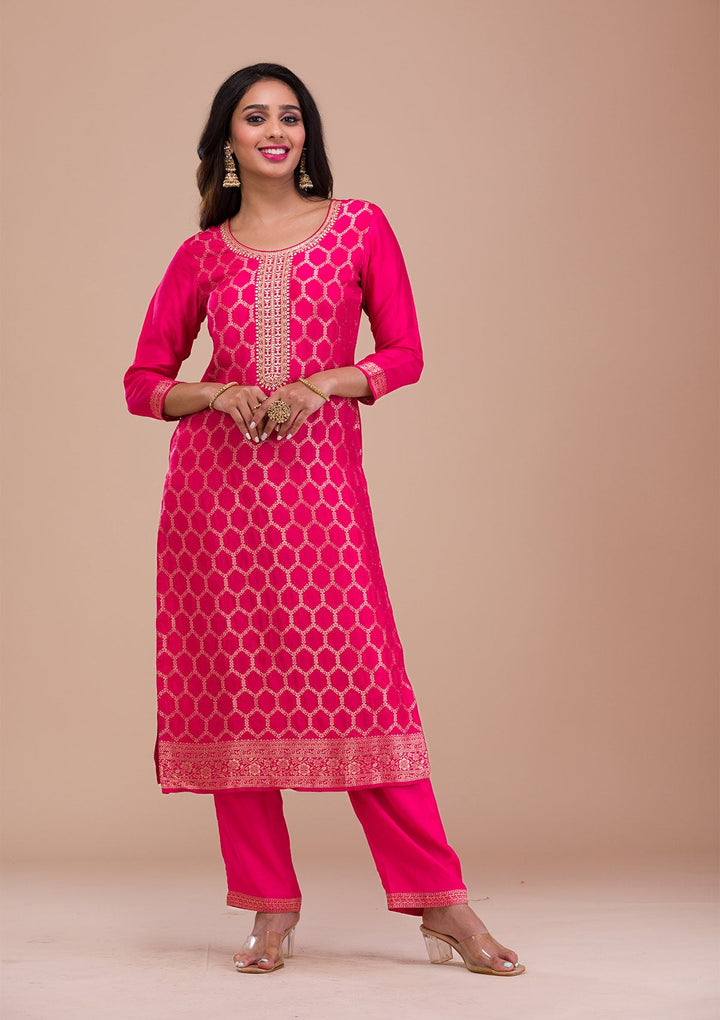 Rani Pink Zariwork Raw Silk Readymade Sharara Kameez