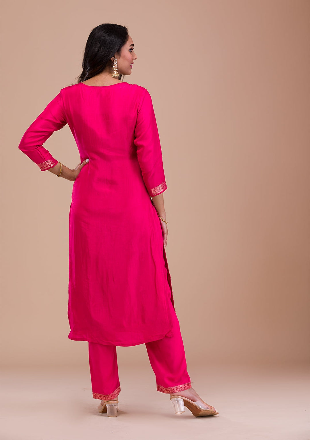 Rani Pink Zariwork Raw Silk Readymade Sharara Kameez