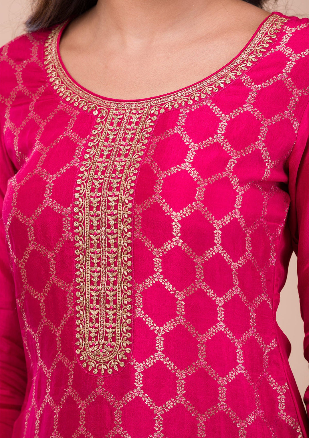 Rani Pink Zariwork Raw Silk Readymade Sharara Kameez