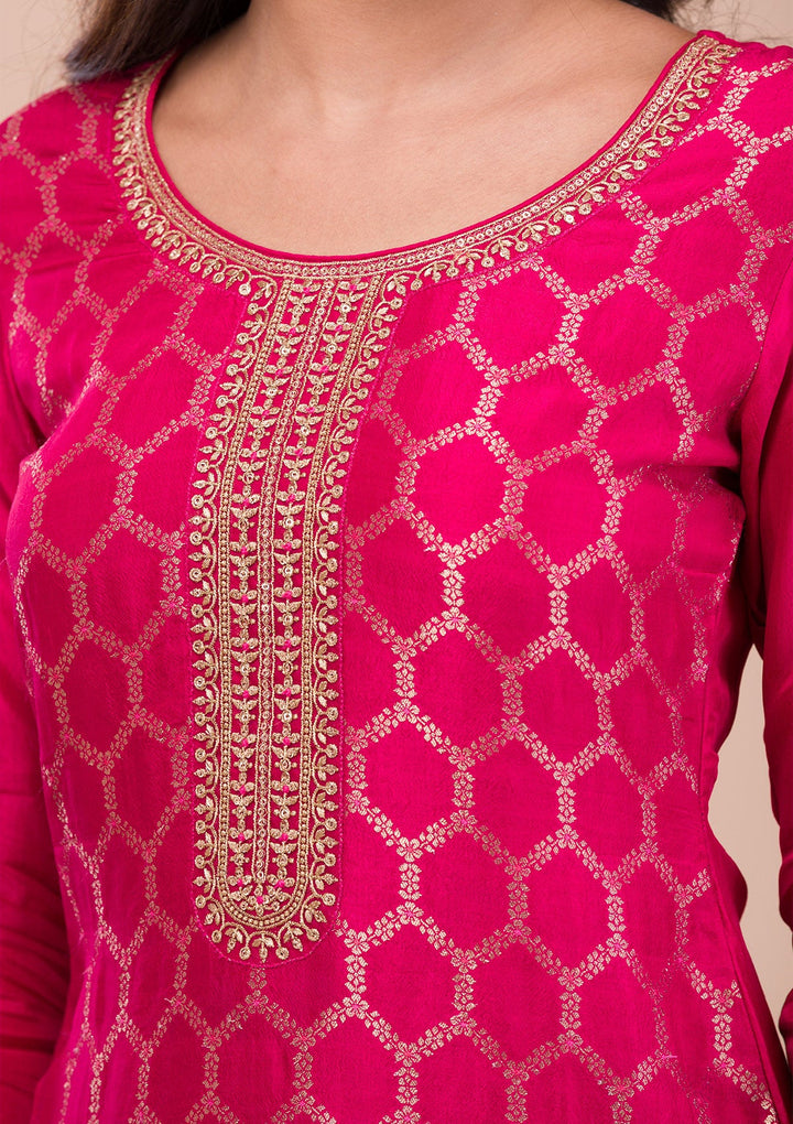 Rani Pink Zariwork Raw Silk Readymade Sharara Kameez