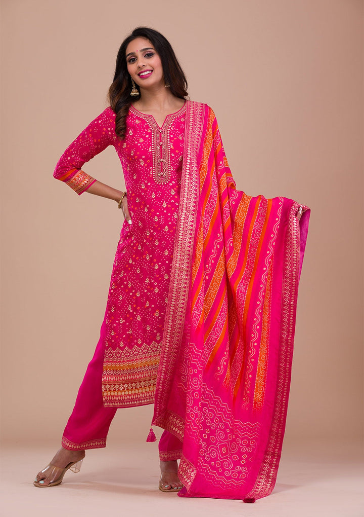 Rani Pink Zariwork Art Silk Readymade Sharara Kameez