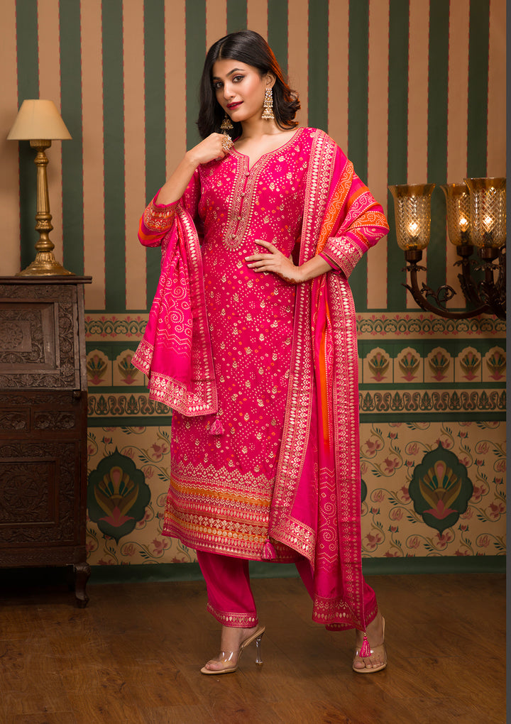 Rani Pink Zariwork Art Silk Readymade Sharara Kameez