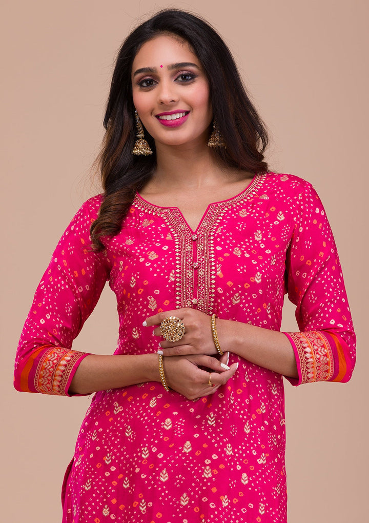Rani Pink Zariwork Art Silk Readymade Sharara Kameez