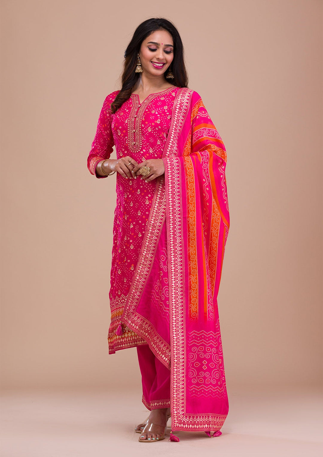 Rani Pink Zariwork Art Silk Readymade Sharara Kameez
