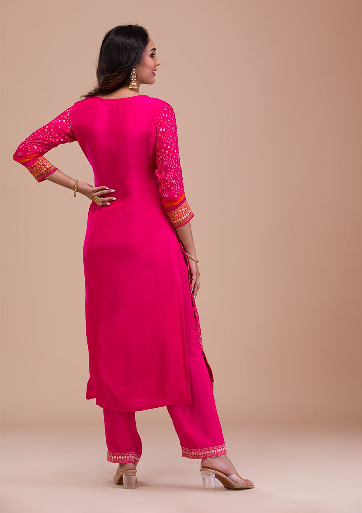 Rani Pink Zariwork Art Silk Readymade Sharara Kameez