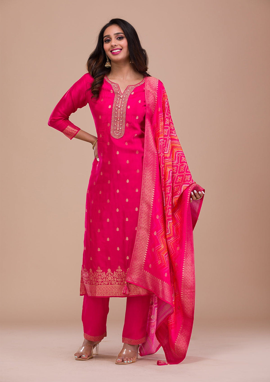 Rani Pink Zariwork Art Silk Readymade Sharara Kameez