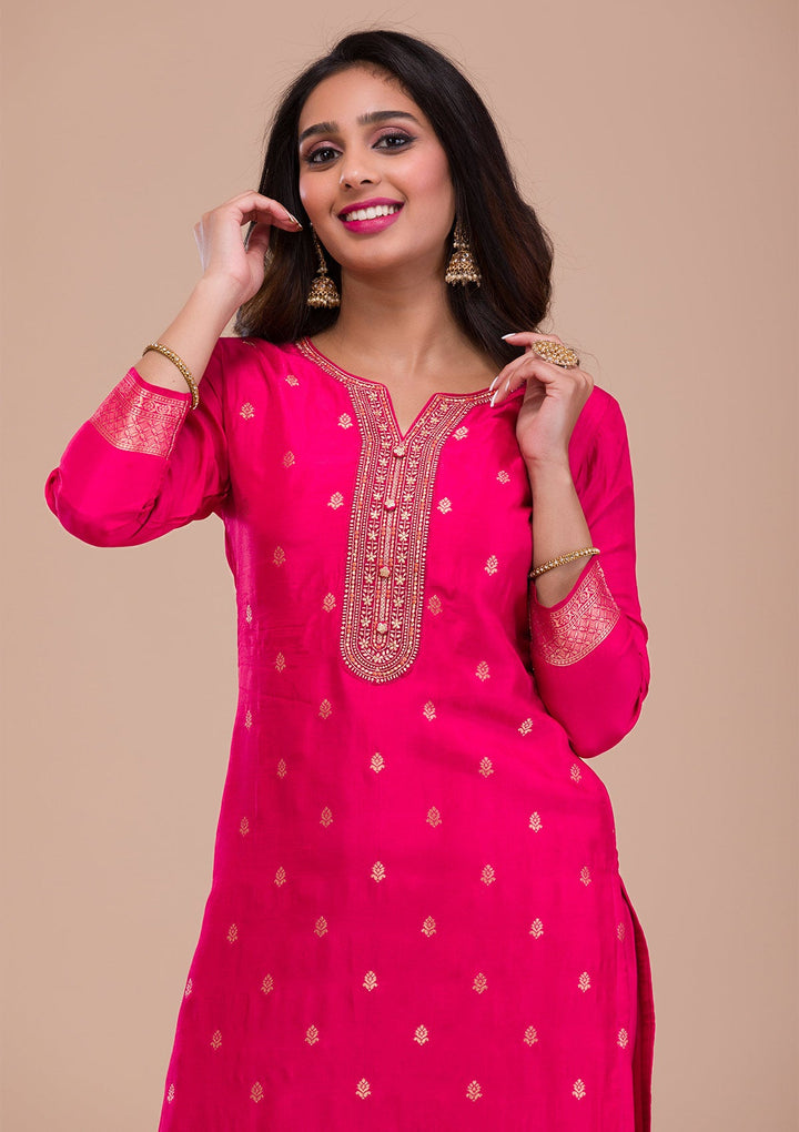 Rani Pink Zariwork Art Silk Readymade Sharara Kameez